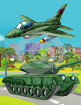 Cartoon scene with military army car vehicle tank on the road and jet plane flying over - illustration