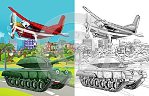 Cartoon scene with military army different duty vehicles on the road with sketch  illustration for children