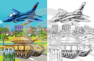 Cartoon scene with military army different duty vehicles on the road with sketch  illustration for children