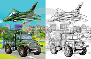 Cartoon scene with military army different duty vehicles on the road with sketch  illustration for children