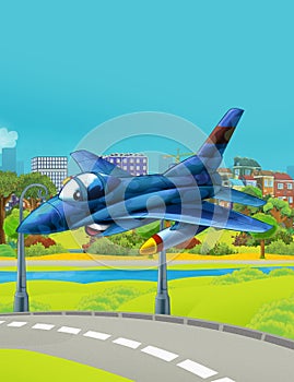 Cartoon scene with military army vehicle jet fighter plane flying near park road - illustration for children