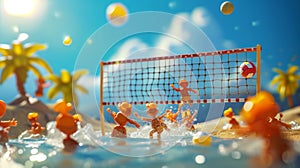 Cartoon scene of a mini volleyball game on Lilliputian Beach with the players hilariously struggling to reach the ball