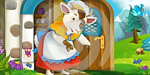 Cartoon scene of mother goat in front of village house