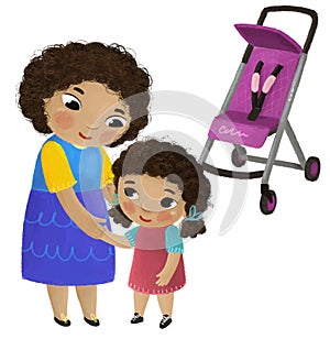 cartoon scene with mother and kid girl near baby carriage playing on white background illustration for children