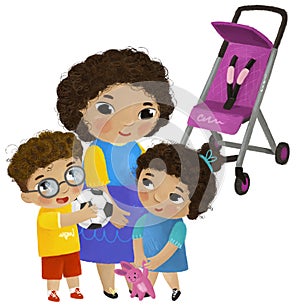 cartoon scene with mother and kids boy and girl near baby carriage playing on white background illustration for children