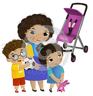 cartoon scene with mother and kids boy and girl near baby carriage playing on white background illustration for children