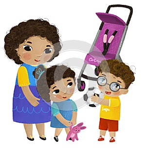 cartoon scene with mother and kids boy and girl near baby carriage playing on white background illustration for children