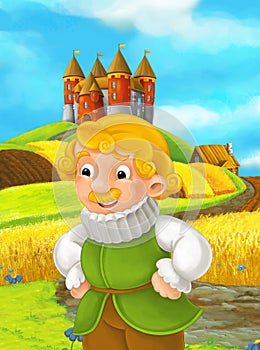 Cartoon scene nobleman standing in the farm field