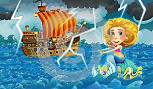 Cartoon scene with old ship sailing during storm with mermaid watching - illustration