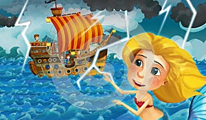 Cartoon scene with old ship sailing during storm with mermaid watching - illustration