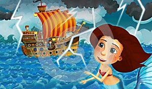 Cartoon scene with old ship sailing during storm with mermaid watching - illustration