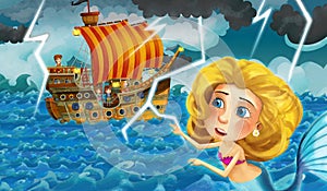 Cartoon scene with old ship sailing during storm with mermaid watching - illustration