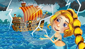 Cartoon scene with old ship sailing during storm with mermaid watching - illustration