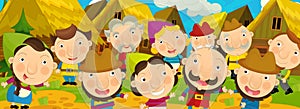 Cartoon scene in the old village - happy villagers altogether - background for different usage