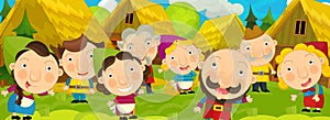 Cartoon scene in the old village - happy villagers altogether - background for different usage - for game or book