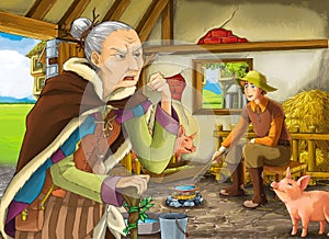 Cartoon scene with old woman witch or sorceree and farmer in barn or pigsty