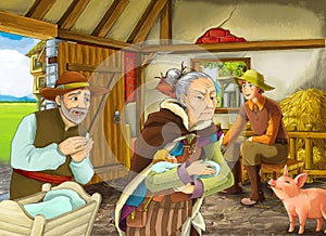 Cartoon scene with old woman witch or sorceree and farmer in barn or pigsty