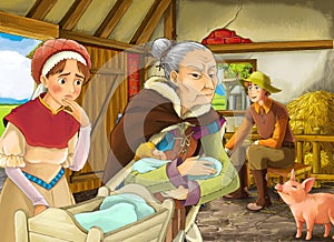 Cartoon scene with old woman witch or sorceress and farmer rancher in the barn pigsty