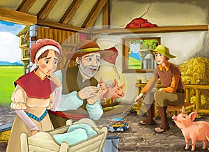 Cartoon scene with old woman witch or sorceress and farmer rancher in the barn pigsty