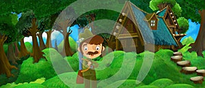 Cartoon scene with older man farmer or hunter in the forest encountering two castles - illustration for children