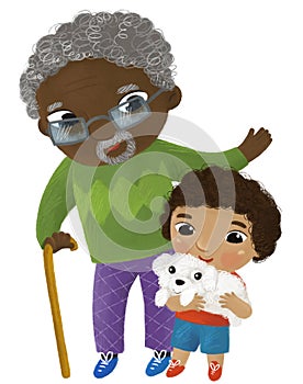 cartoon scene with older man grandfather grandpa standing and smiling with a boy grandson illustration for children