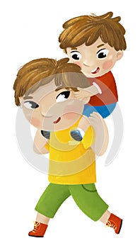 cartoon scene with older and younger brthers palying together family illustration for children