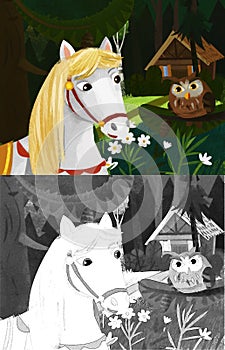 Cartoon scene with owl bird horse in the forest