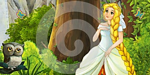 Cartoon scene with owl with happy princess in the forest traveling