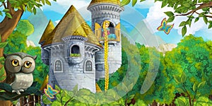 Cartoon scene with owl with happy princess trapped in the castle