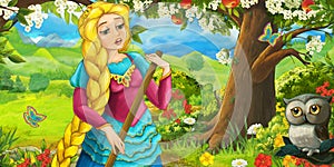 Cartoon scene with owl with princess in the farm orchard on the journey