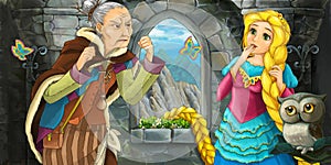 Cartoon scene with owl with princess and scary witch in the castle room