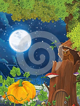 Cartoon scene with owl sitting in the tree by night - illustration