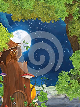 Cartoon scene with owl sitting in the tree by night - illustration