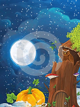 Cartoon scene with owl sitting in the tree by night - illustration