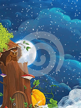 Cartoon scene with owl sitting in the tree by night - illustration