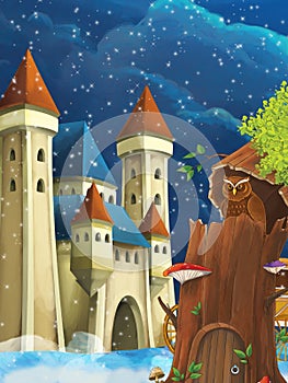 Cartoon scene with owl sitting in the tree by night near the castle - illustration