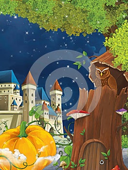 Cartoon scene with owl sitting in the tree by night near the castle - illustration