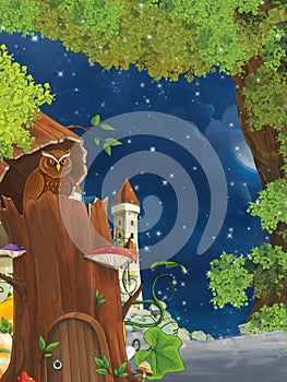 Cartoon scene with owl sitting in the tree by night near the castle - illustration