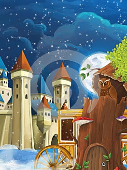 Cartoon scene with owl sitting in the tree by night near the castle - illustration