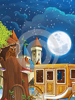 Cartoon scene with owl sitting in the tree by night near the castle - illustration