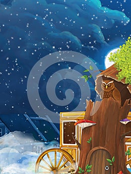 Cartoon scene with owl sitting in the tree by night near the castle - illustration