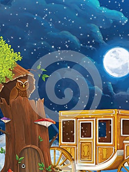 Cartoon scene with owl sitting in the tree by night near the castle - illustration