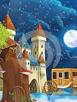 Cartoon scene with owl sitting in the tree by night near the castle - illustration