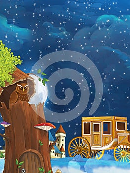 Cartoon scene with owl sitting in the tree by night near the castle - illustration