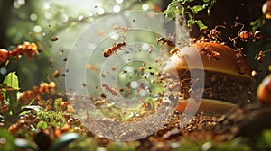 Cartoon scene Panic ensues as the little explorers accidentally stumble into a gleefully chaotic picnic of ants clashing photo