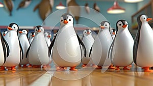 Cartoon scene The penguins have a moment of panic when they realize they accidentally set up their bowling game in the