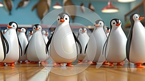 Cartoon scene The penguins have a moment of panic when they realize they accidentally set up their bowling game in the photo