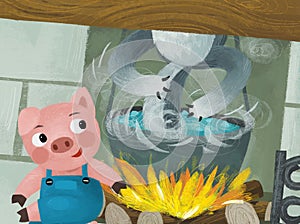 cartoon scene with pig and wolf in the kitchen near the fireside fireplace illustration for children