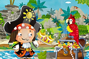 Cartoon scene with pirate in the jungle holding royal crown with treasure - illustration
