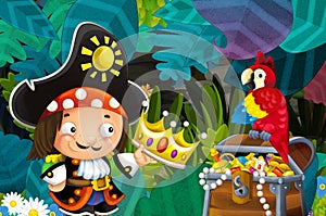 Cartoon scene with pirate in the jungle holding royal crown with treasure - illustration